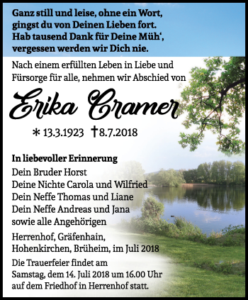 Traueranzeige von Erika Cramer von Ostthüringer Zeitung, Thüringische Landeszeitung