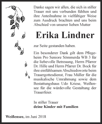 Traueranzeige von Erika Lindner von Thüringer Allgemeine