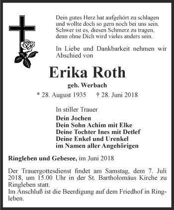 Traueranzeige von Erika Roth von Thüringer Allgemeine, Thüringische Landeszeitung