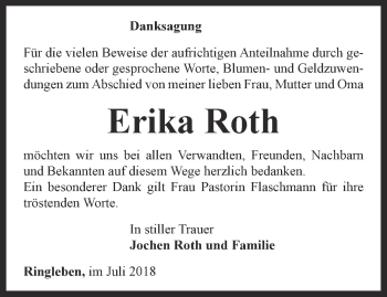 Traueranzeige von Erika Roth von Thüringer Allgemeine, Thüringische Landeszeitung