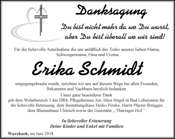 Traueranzeige von Erika Schmidt von Ostthüringer Zeitung