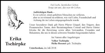 Traueranzeige von Erika Tschirpke von Ostthüringer Zeitung