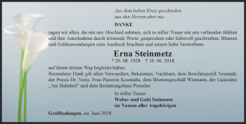 Traueranzeige von Erna Steinmetz von Thüringer Allgemeine