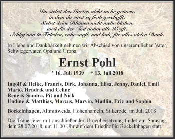 Traueranzeige von Ernst Pohl von Thüringer Allgemeine