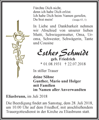 Traueranzeige von Esther Schmidt von Ostthüringer Zeitung