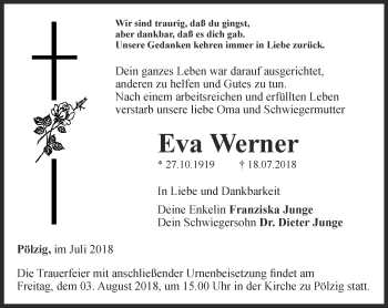 Traueranzeige von Eva Werner von Ostthüringer Zeitung