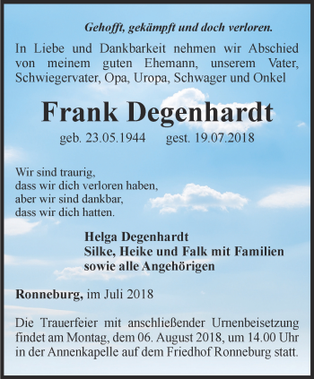 Traueranzeige von Frank Degenhardt von Ostthüringer Zeitung