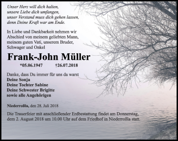 Traueranzeige von Frank-John Müller von Thüringer Allgemeine, Thüringische Landeszeitung