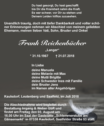Traueranzeige von Frank Reichenbächer von Ostthüringer Zeitung
