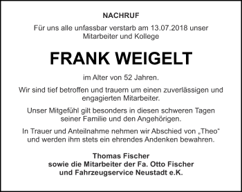 Traueranzeige von Frank Weigelt von Ostthüringer Zeitung