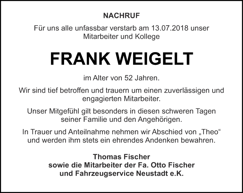  Traueranzeige für Frank Weigelt vom 21.07.2018 aus Ostthüringer Zeitung