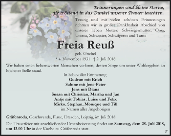 Traueranzeige von Freia Reuß von Thüringer Allgemeine