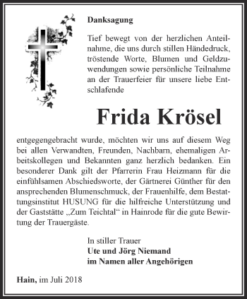 Traueranzeige von Frida Krösel von Thüringer Allgemeine