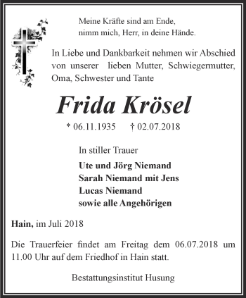 Traueranzeige von Frida Krösel von Thüringer Allgemeine