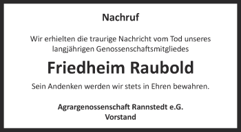 Traueranzeige von Friedheim Raubold von Thüringer Allgemeine, Thüringische Landeszeitung