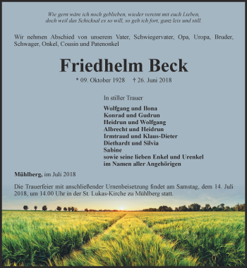 Traueranzeige von Friedhelm Beck von Ostthüringer Zeitung, Thüringische Landeszeitung