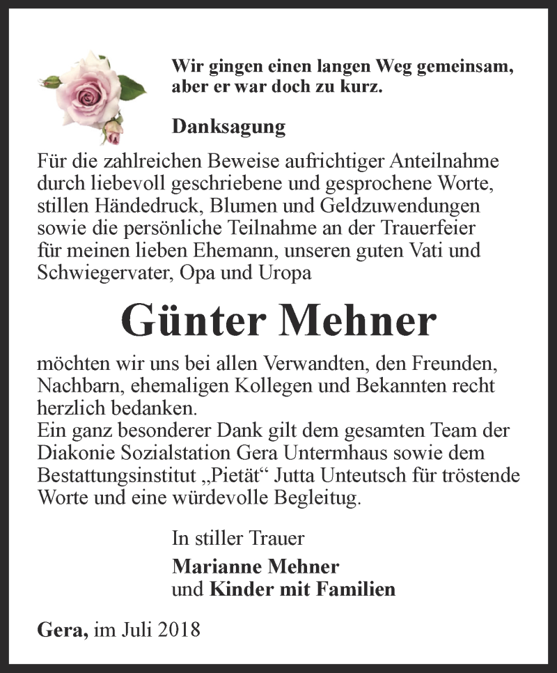 Traueranzeigen von Günter Mehner | trauer-in-thueringen.de
