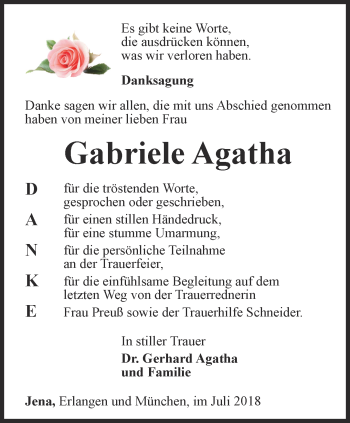 Traueranzeige von Gabriele Agatha von Ostthüringer Zeitung, Thüringische Landeszeitung