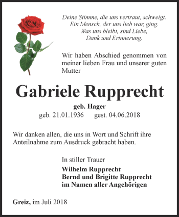 Traueranzeige von Gabriele Rupprecht