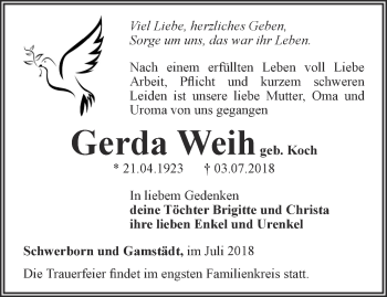 Traueranzeige von Gerda Weih von Thüringer Allgemeine, Thüringische Landeszeitung