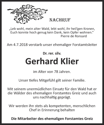 Traueranzeige von Gerhard Klier von Ostthüringer Zeitung