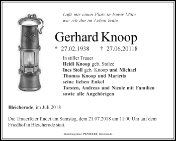 Traueranzeige von Gerhard Knoop von Thüringer Allgemeine