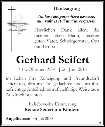 Traueranzeige von Gerhard Seifert von Thüringer Allgemeine