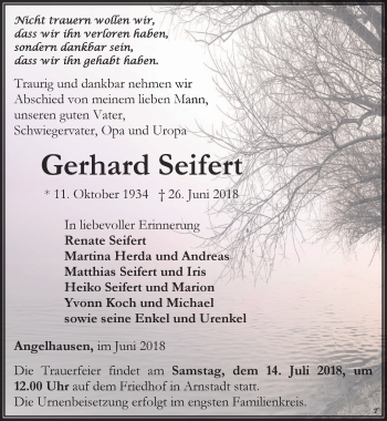 Traueranzeige von Gerhard Seifert von Thüringer Allgemeine