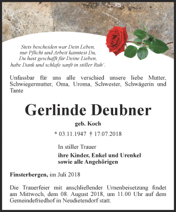 Traueranzeige von Gerlinde Deubner von Ostthüringer Zeitung, Thüringische Landeszeitung