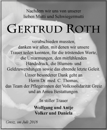 Traueranzeige von Gertrud Roth von Ostthüringer Zeitung