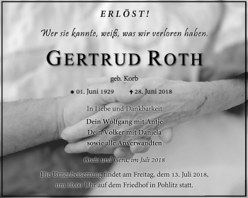 Traueranzeige von Gertrud Roth von Ostthüringer Zeitung
