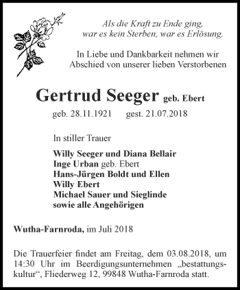 Traueranzeige von Gertrud Seeger von Thüringer Allgemeine, Thüringische Landeszeitung