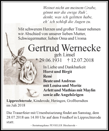 Traueranzeige von Gertrud Wernecke von Thüringer Allgemeine