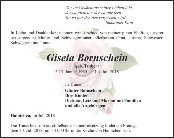 Traueranzeige von Gisela Bornschein von Ostthüringer Zeitung, Thüringische Landeszeitung