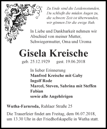 Traueranzeige von Gisela Kreische von Thüringer Allgemeine, Thüringische Landeszeitung