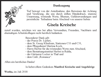 Traueranzeige von Gisela Kreische von Thüringer Allgemeine, Thüringische Landeszeitung