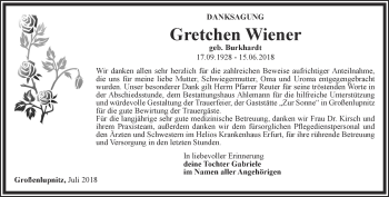 Traueranzeige von Gretchen Wiener von Thüringer Allgemeine, Thüringische Landeszeitung