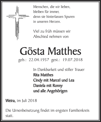 Traueranzeige von Gösta Matthes von Ostthüringer Zeitung