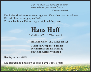 Traueranzeige von Hans Hoff von Ostthüringer Zeitung