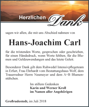 Traueranzeige von Hans-Joachim Carl von Thüringer Allgemeine, Thüringische Landeszeitung