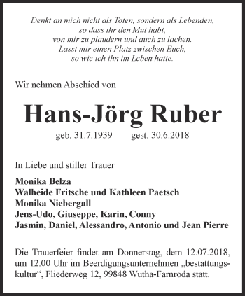 Traueranzeige von Hans-Jörg Ruber von Thüringer Allgemeine, Thüringische Landeszeitung