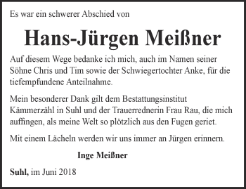 Traueranzeige von Hans-Jürgen Meißner von Ostthüringer Zeitung