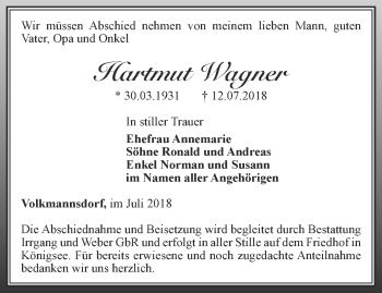 Traueranzeige von Hartmut Wagner von Ostthüringer Zeitung