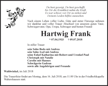 Traueranzeige von Hartwig Frank von Ostthüringer Zeitung, Thüringische Landeszeitung