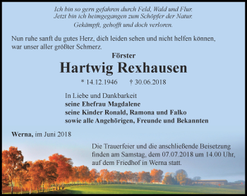 Traueranzeige von Hartwig Rexhausen von Thüringer Allgemeine