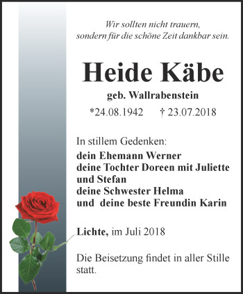 Traueranzeige von Heide Käbe von Ostthüringer Zeitung