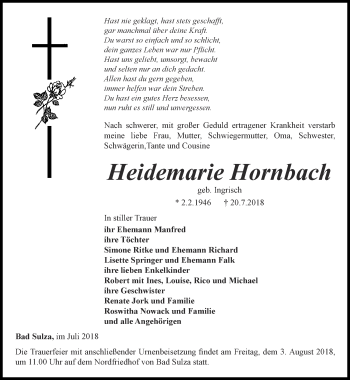 Traueranzeige von Heidemarie Hornbach von Thüringer Allgemeine, Thüringische Landeszeitung