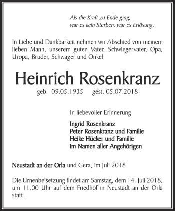 Traueranzeige von Heinrich Rosenkranz von Ostthüringer Zeitung