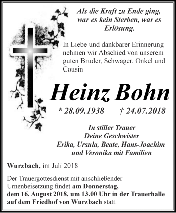 Traueranzeige von Heinz Bohn von Ostthüringer Zeitung