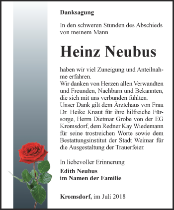 Traueranzeige von Heinz Neubus von Thüringer Allgemeine, Thüringische Landeszeitung